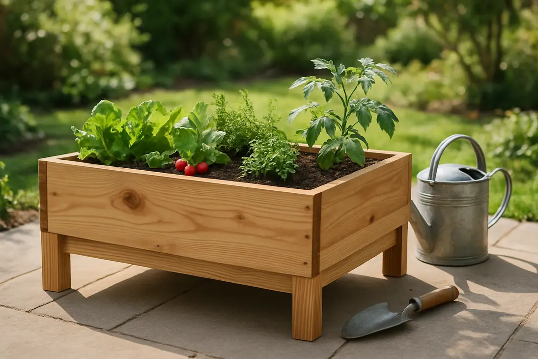 Untreated cedar planter box filled with healthy vegetables on a sunny patio.