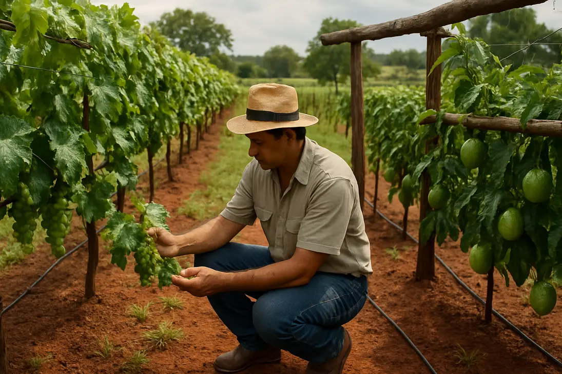 Farmer inspecting grape and passion fruit vines on trellises in a sunny Paraguayan field.