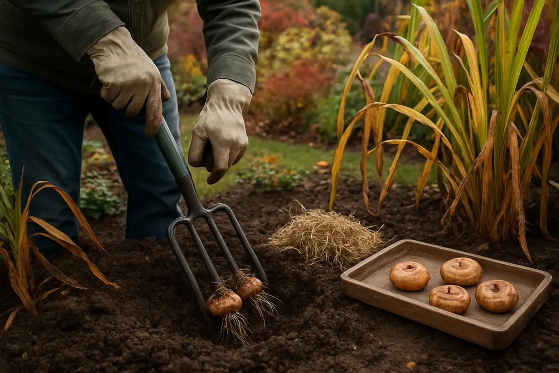 Gardener lifting gladiolus corms from a fall garden bed for winter storage.