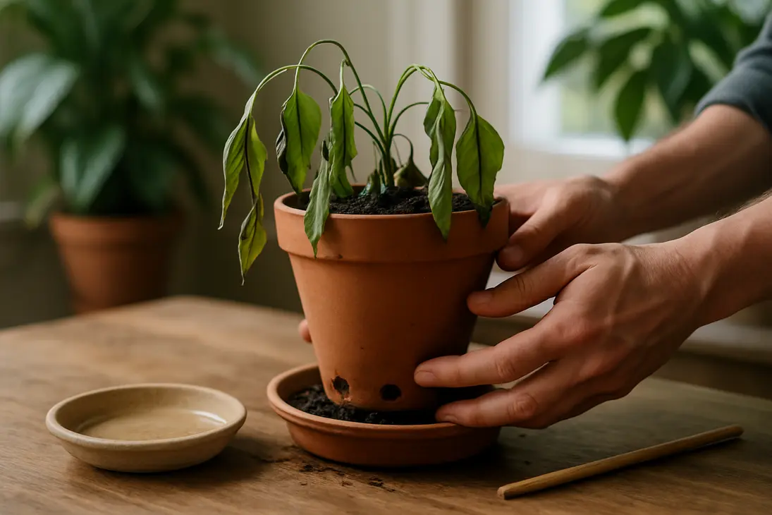 A gardener draining excess water from a wilted houseplant in a pot with a saucer.