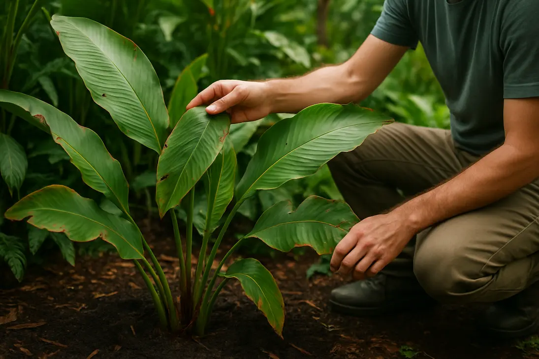 Gardener inspecting damaged heliconia leaves with brown edges and holes in a tropical garden.