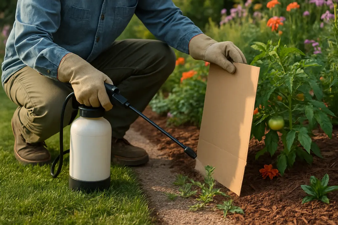 Gardener using a pump sprayer near weeds while shielding nearby vegetable plants.