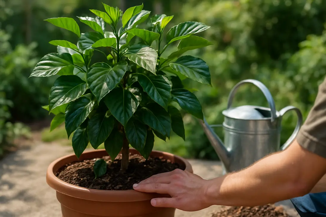 A potted hibiscus with lush leaves but no blooms being checked for soil moisture in a sunny garden.