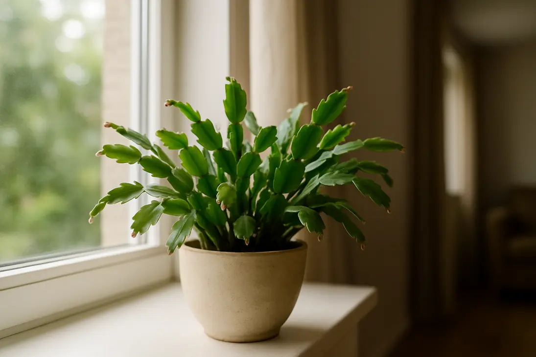 Holiday cactus in a bright window during the day, ready for long dark nights to encourage blooming.