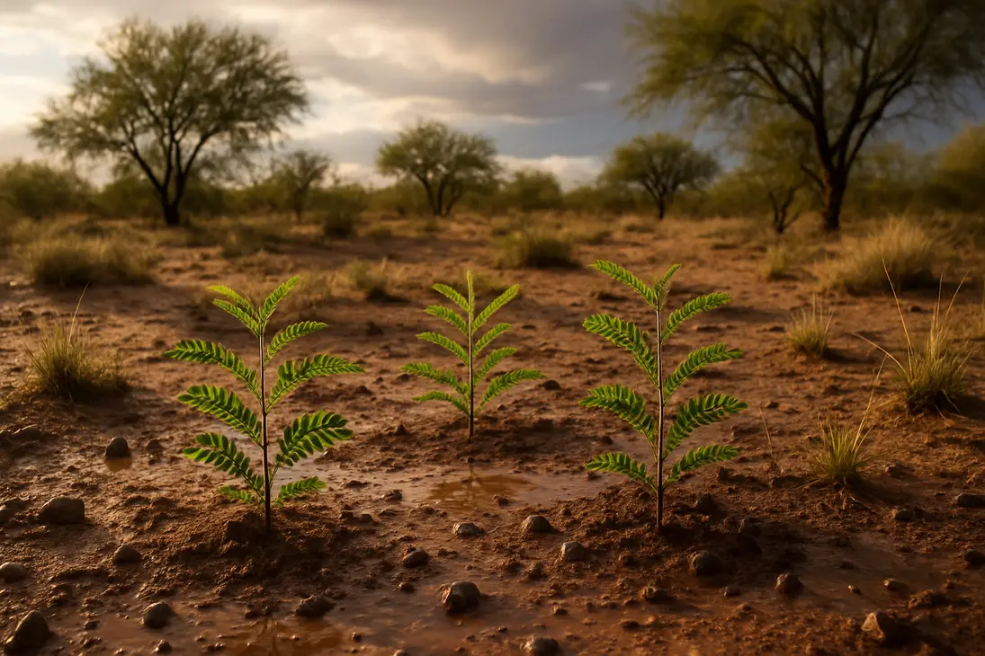 Young honey mesquite seedlings growing in damp desert soil after summer rain.