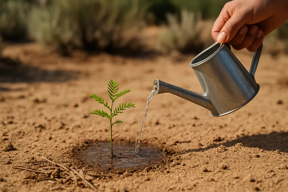 A small honey mesquite seedling being watered carefully in a dry garden bed.
