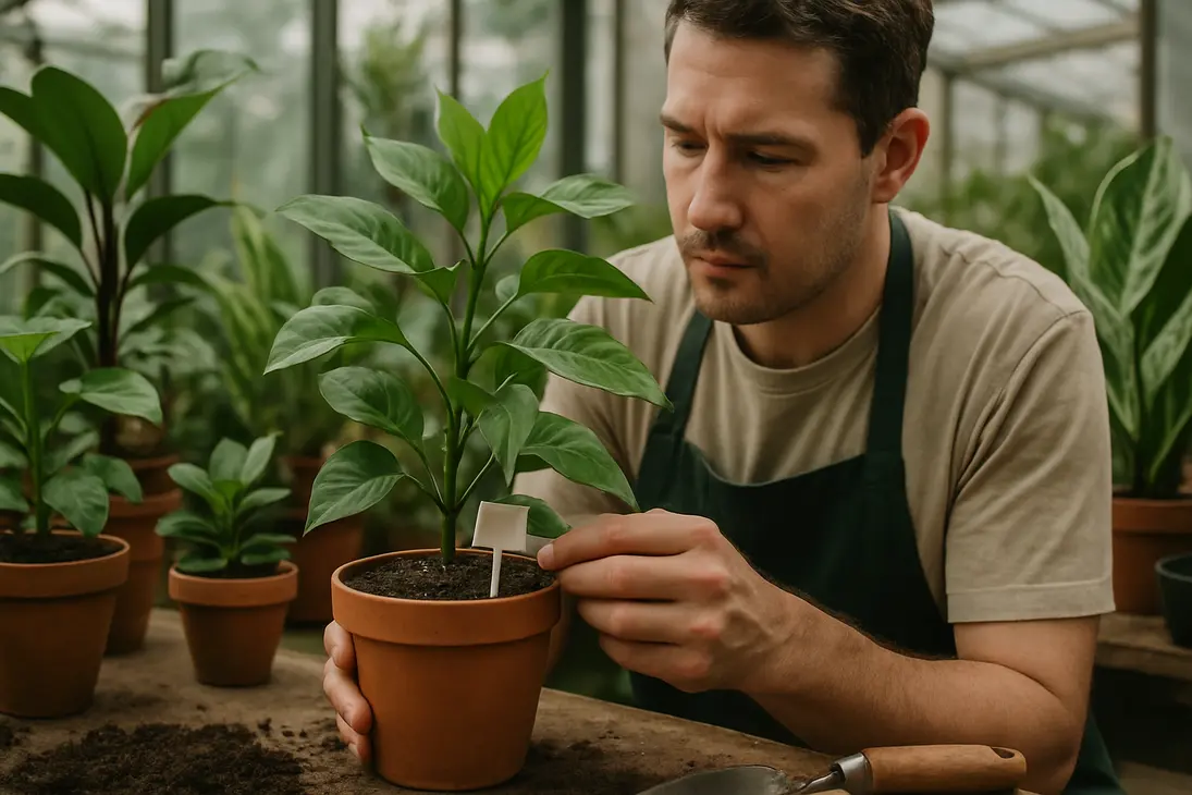 Gardener examining an unidentified potted plant at a nursery bench.