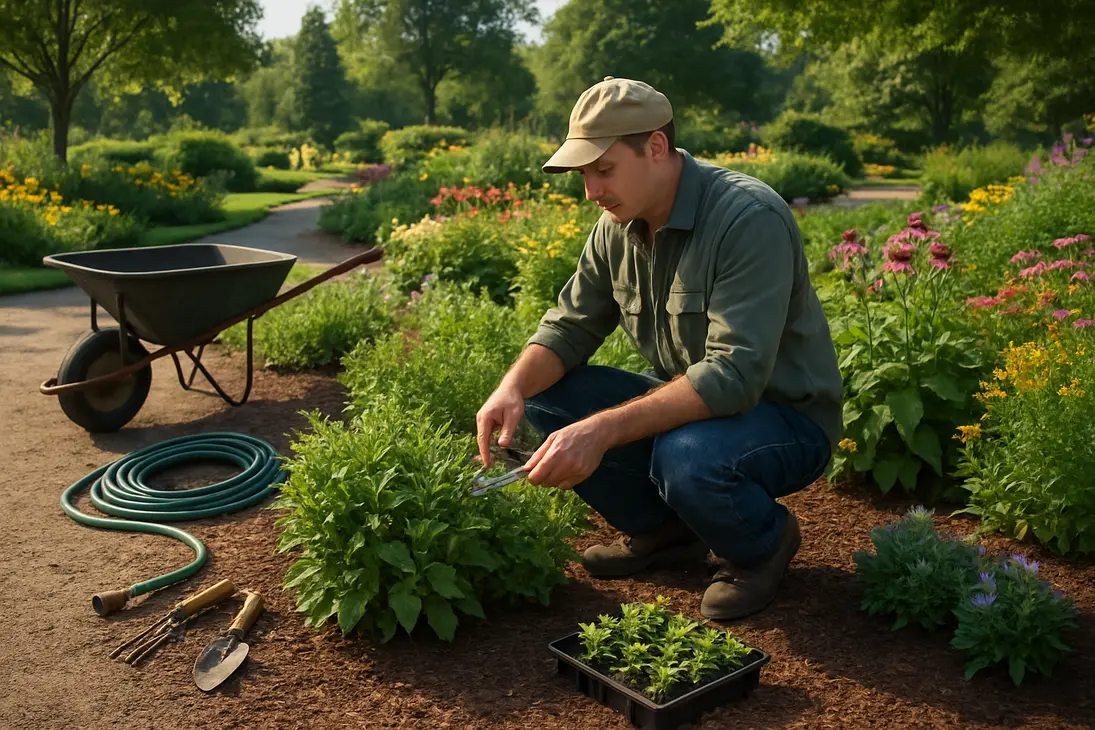 Horticulturalist kneeling in a garden bed with tools, plants, hose, and wheelbarrow while doing hands-on plant care.