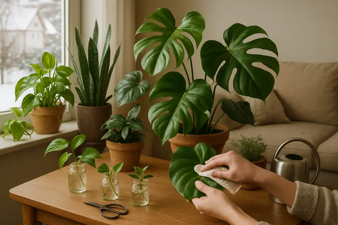 A person cleaning houseplant leaves beside indoor plants and propagation cuttings near a sunny window.