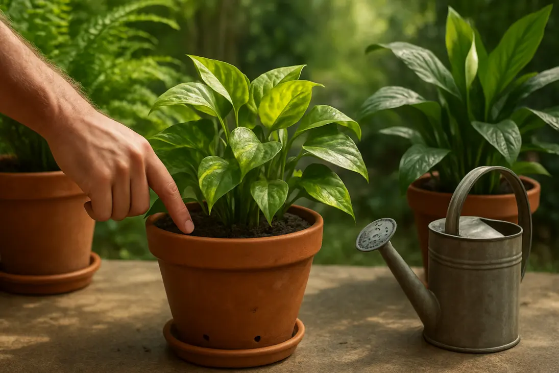 A gardener checks the soil moisture of a potted houseplant on a shaded summer patio.