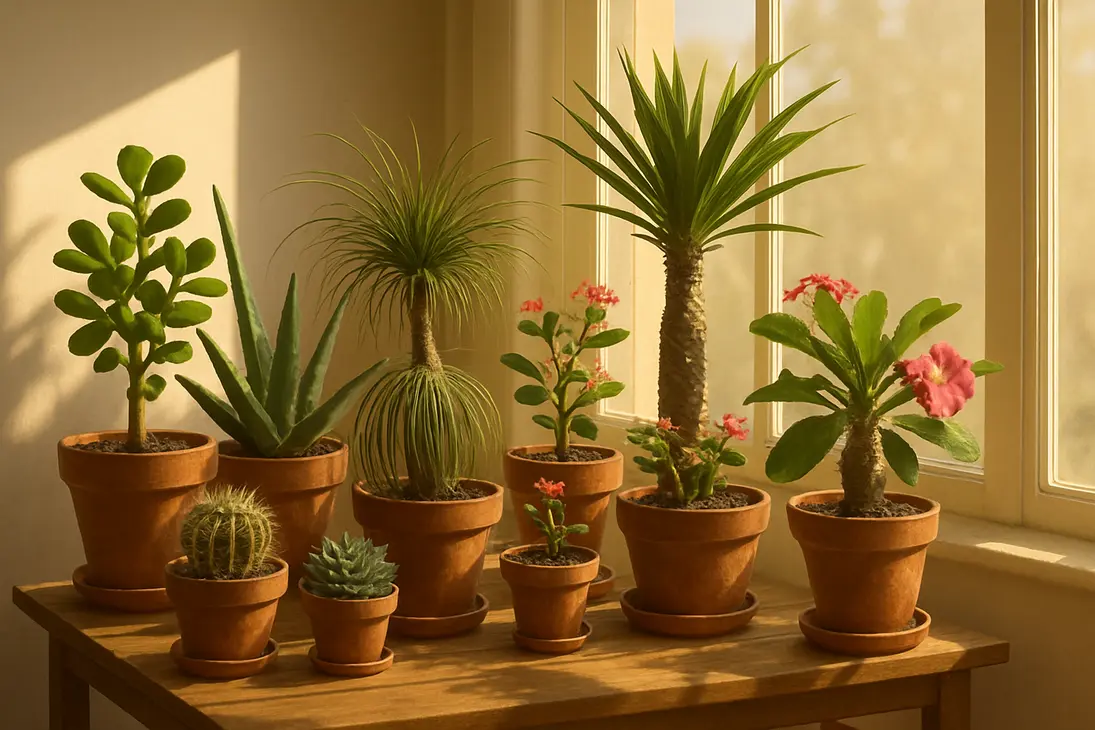 Sun-tolerant houseplants including jade, aloe, cacti, yucca, and ponytail palm beside a bright sunny window.