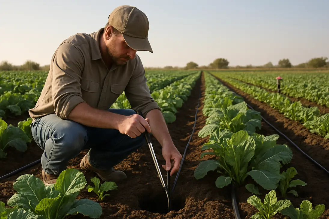 Farmer checking soil moisture beside drip-irrigated vegetable rows to plan watering.