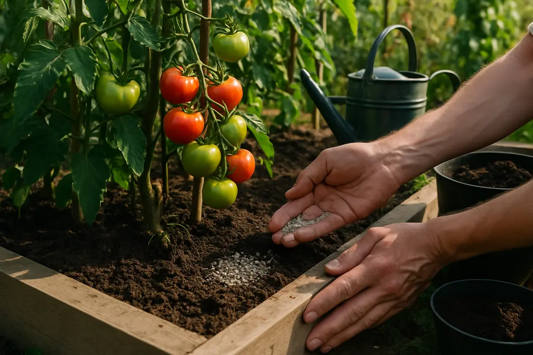 Gardener applying fertilizer around healthy tomato plants in a raised bed.