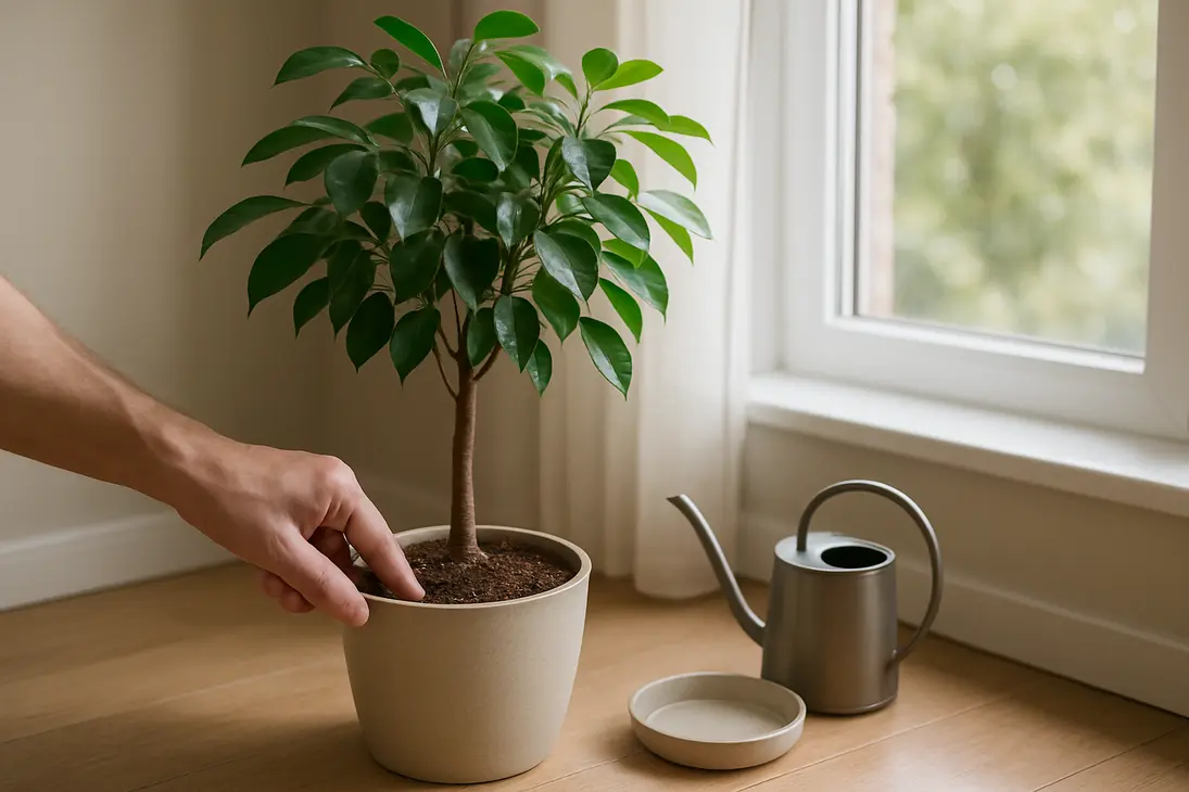 Indoor ficus tree in a pot with a gardener checking the soil before watering.
