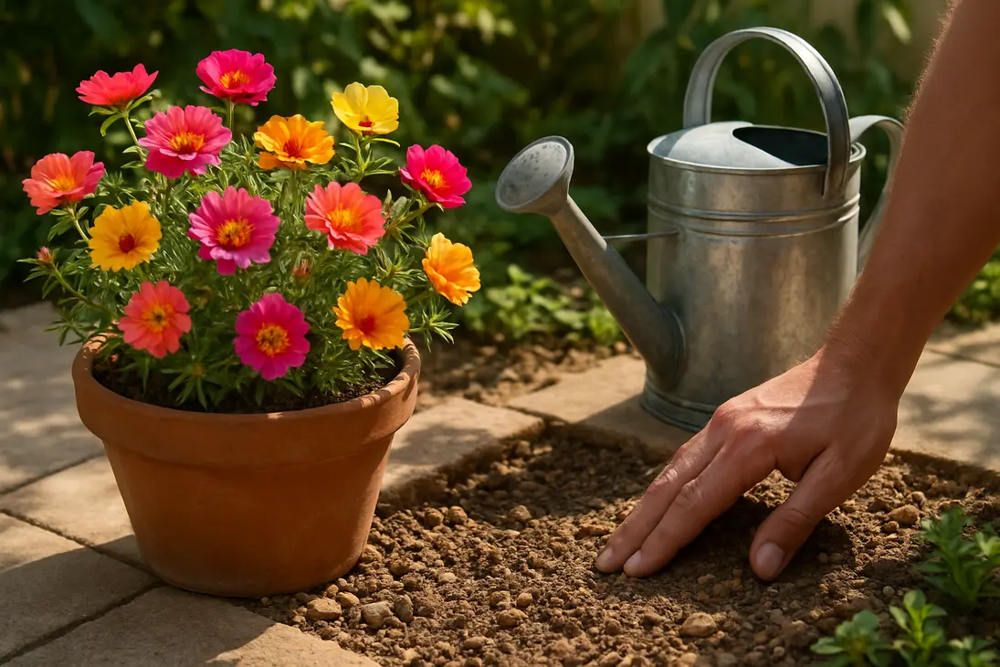 Blooming Portulaca in a sunny pot while a gardener checks the soil before watering.