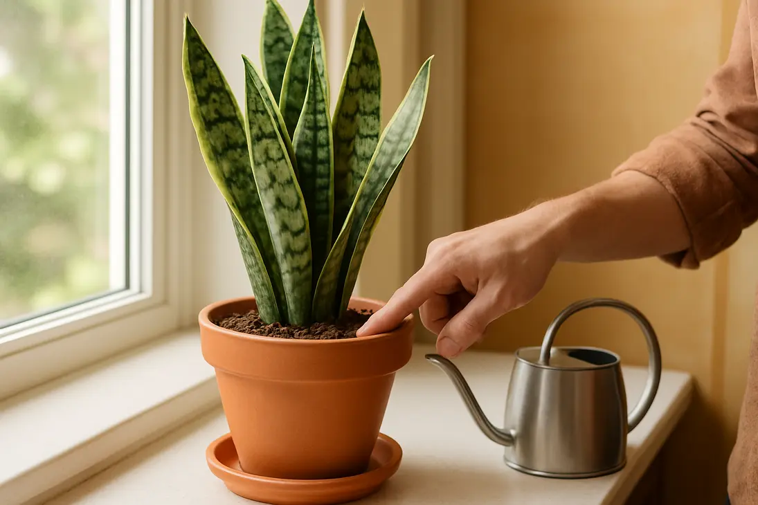 Gardener checking the dry soil of a potted snake plant before watering.