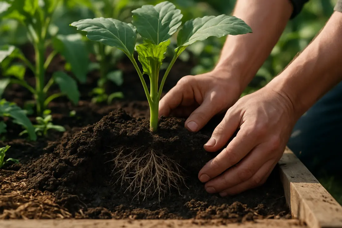 Healthy plant roots spreading through dark garden soil beneath green leafy growth.