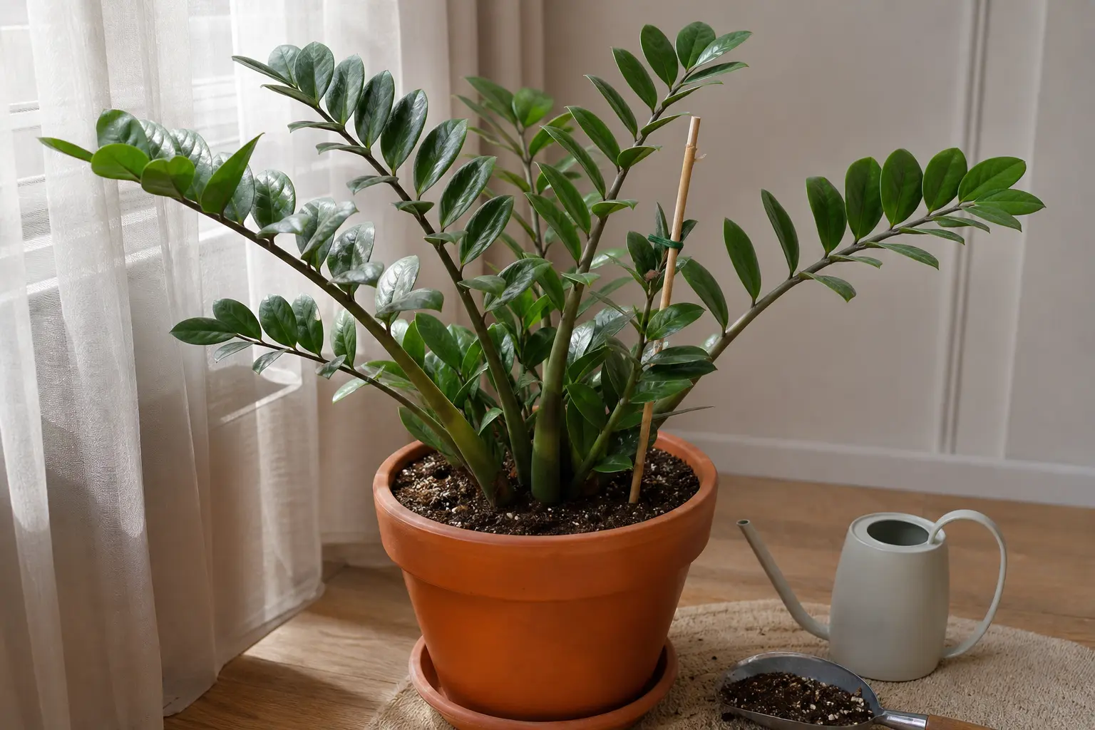 A mature ZZ plant with naturally arching stalks, including one stalk loosely supported by a bamboo stake near a bright window.