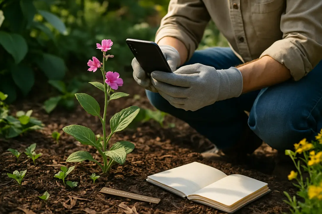 Gardener using a smartphone to photograph an unknown plant for identification.
