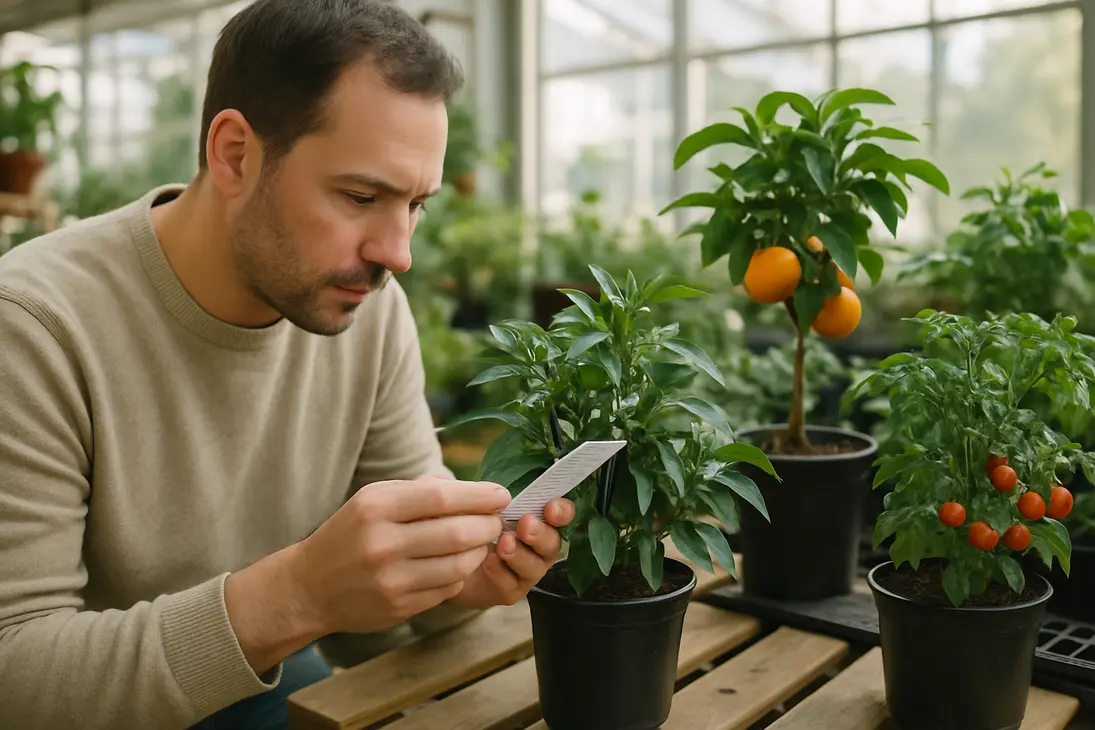 A shopper checking the tag on a flowering indoor pepper plant at a nursery.