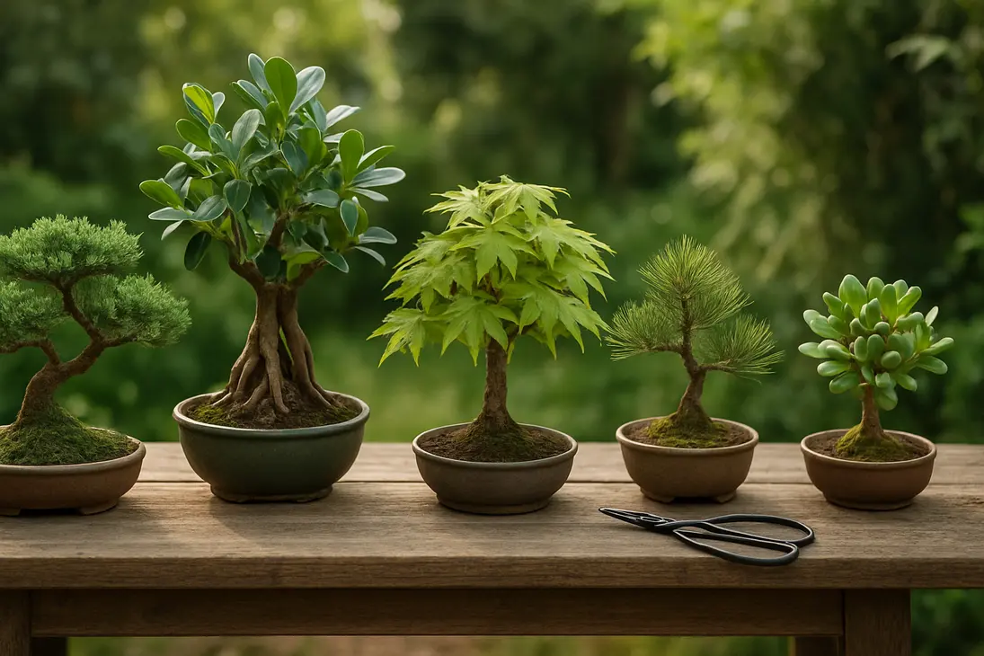 Several different bonsai trees on a garden workbench showing varied leaves, needles, trunks, and styles for identification.