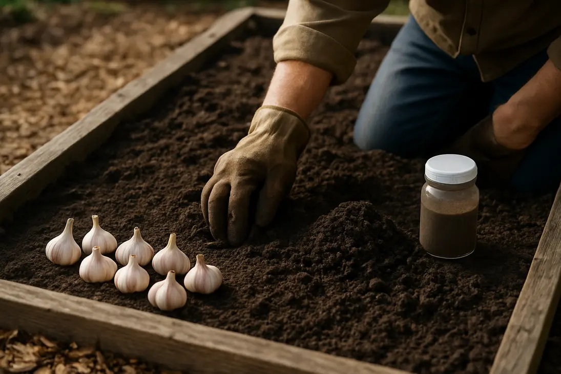 Gardener preparing a garlic bed with compost and soil testing supplies before adjusting soil acidity.