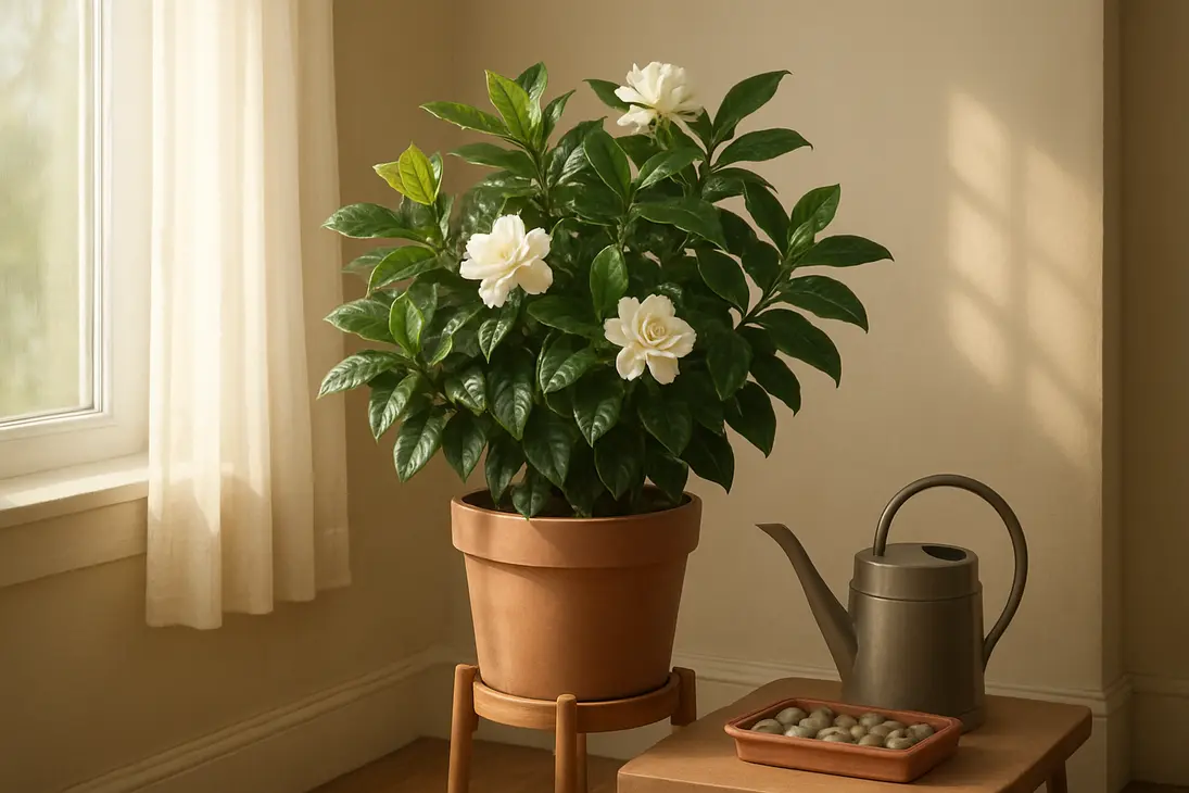 Potted indoor gardenia near a bright window with filtered morning sunlight.