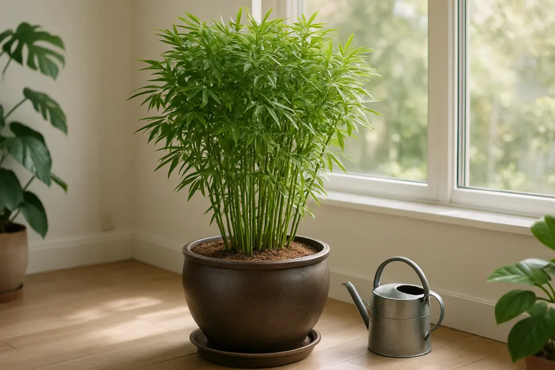 Compact clumping bamboo growing in a large pot beside a bright indoor window.