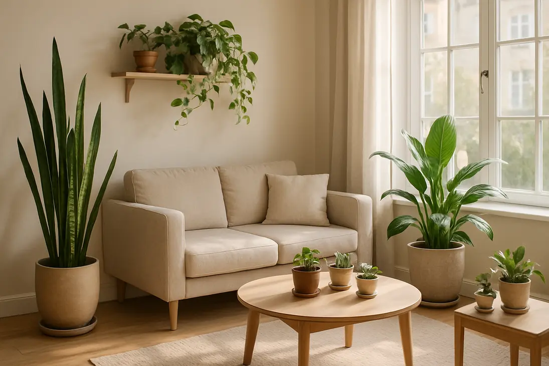 A calm living room with healthy indoor plants near a bright window.