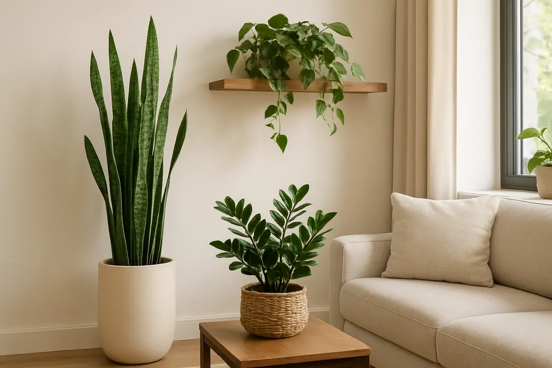 Indoor plants styled in a bright living room to add color, texture, height, and a calmer atmosphere.