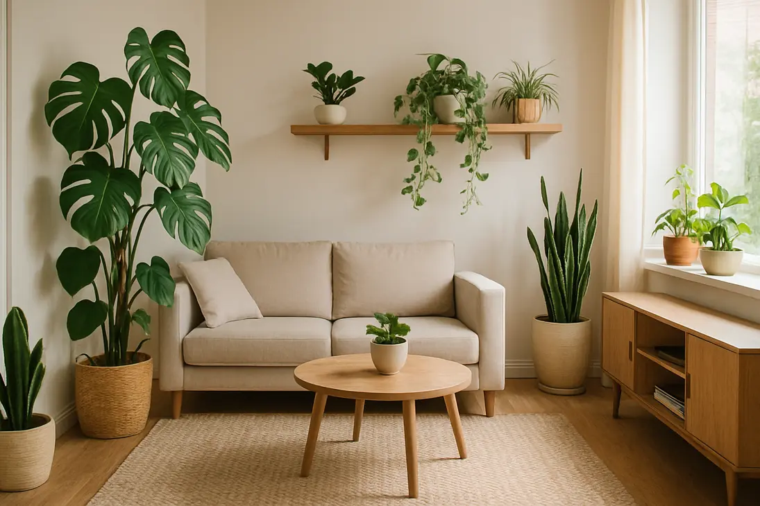 A bright living room styled with indoor plants of different heights and leaf shapes, including a tall floor plant and trailing shelf plants.