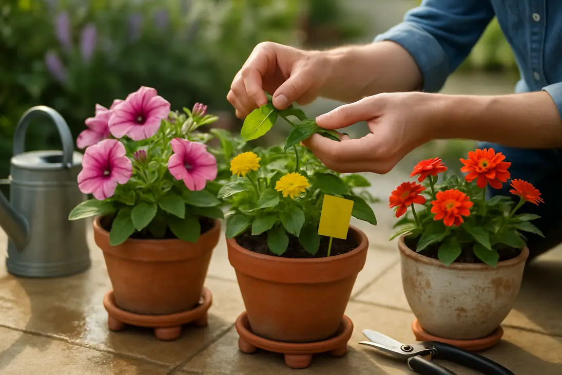 Gardener inspecting potted flowers for pests on a patio with raised containers and a sticky trap.