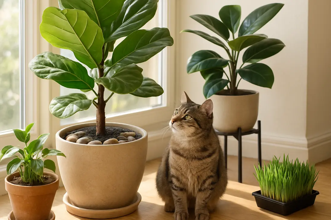A cat sitting beside indoor potted plants with soil covered by large stones to prevent digging.