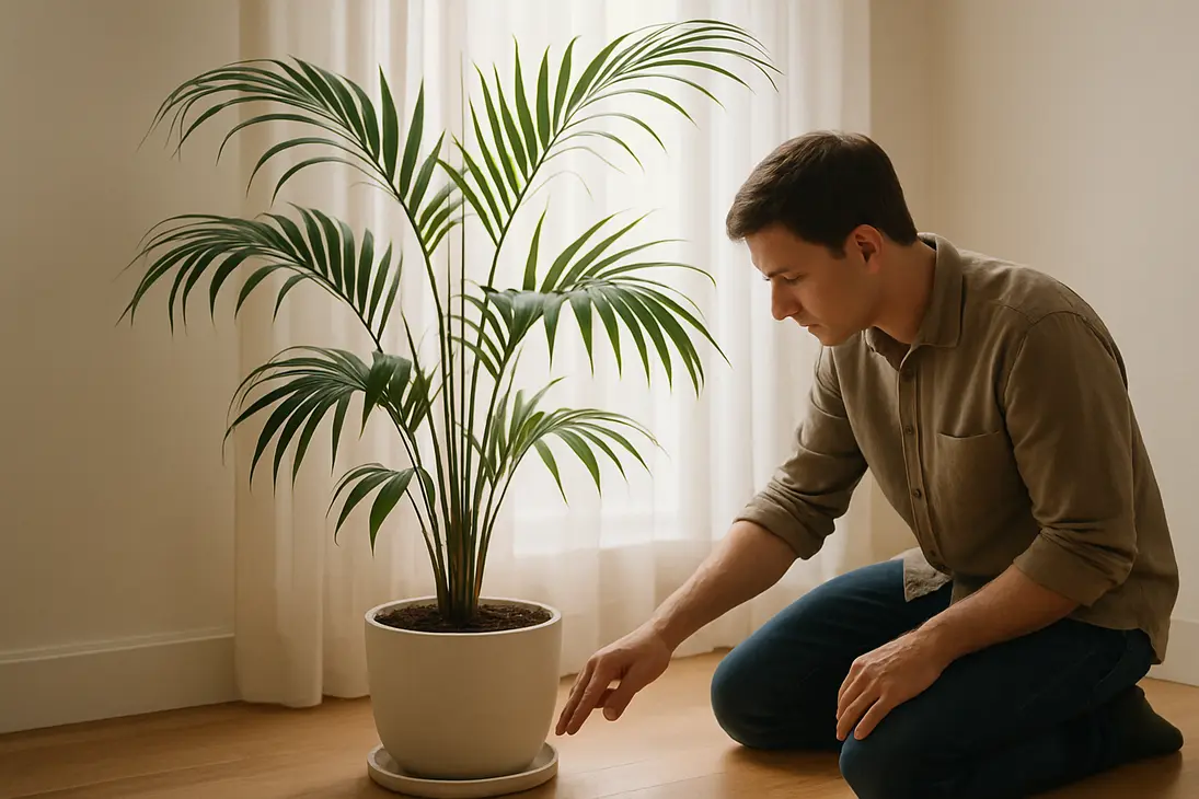 Kentia palm with curling and bending leaves being checked for soil moisture indoors.