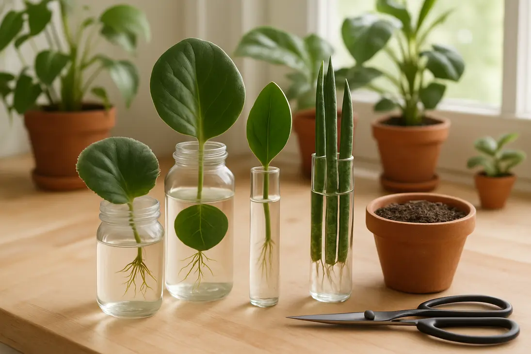 Houseplant leaf cuttings rooting in clear jars of water on an indoor potting bench.