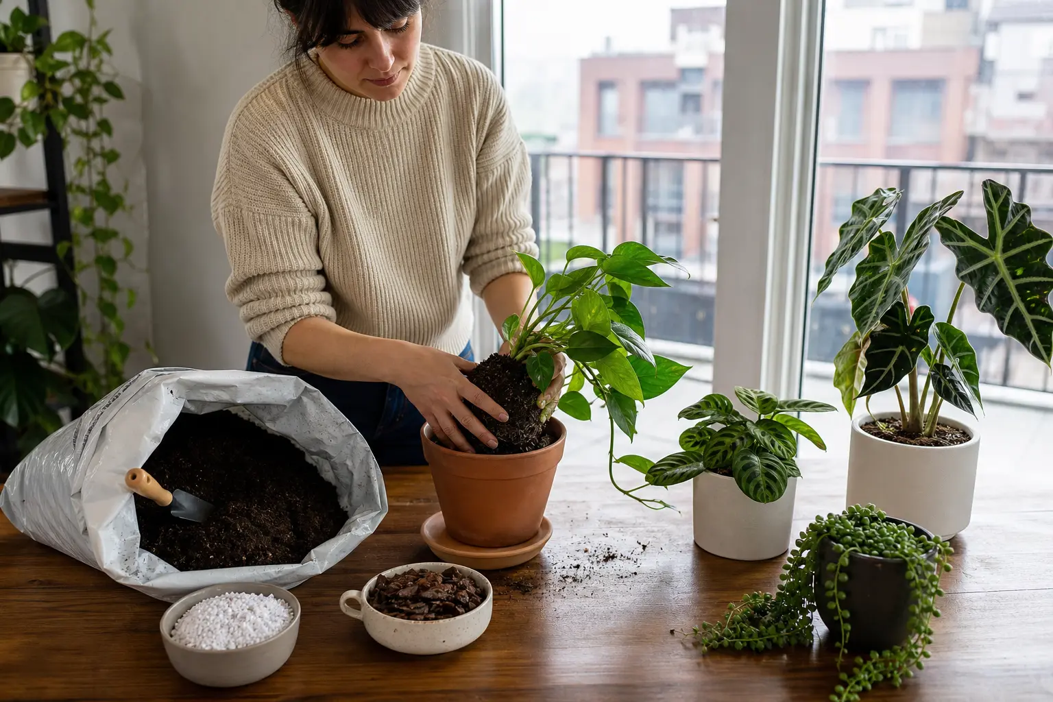 Apartment resident repotting a houseplant with potting mix near a sunny window.