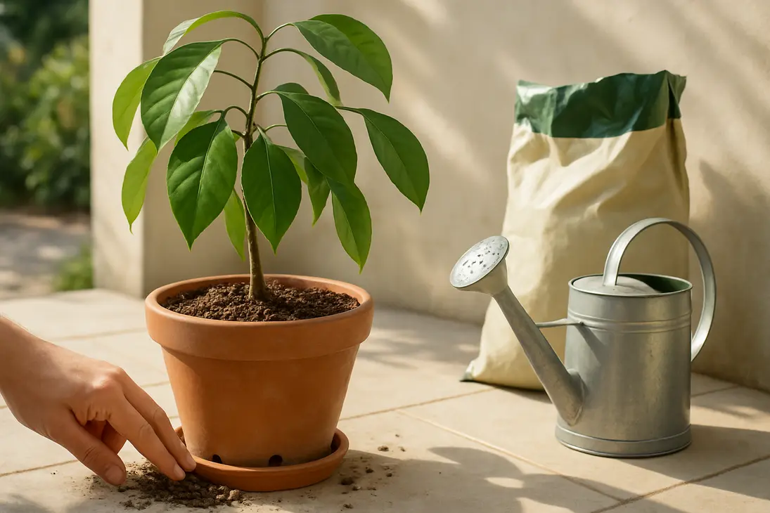 Newly repotted lemon plant with drooping leaves while a gardener checks the soil moisture.