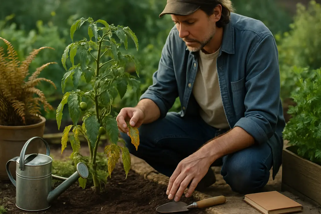 Gardener inspecting yellowing leaves and soil around a struggling plant in a garden bed.
