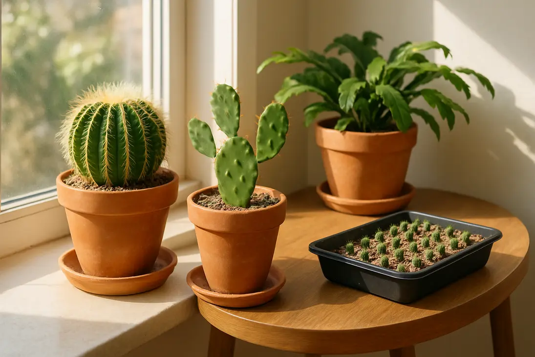 Different potted cacti placed in varying light conditions to match their moisture and sunlight needs.