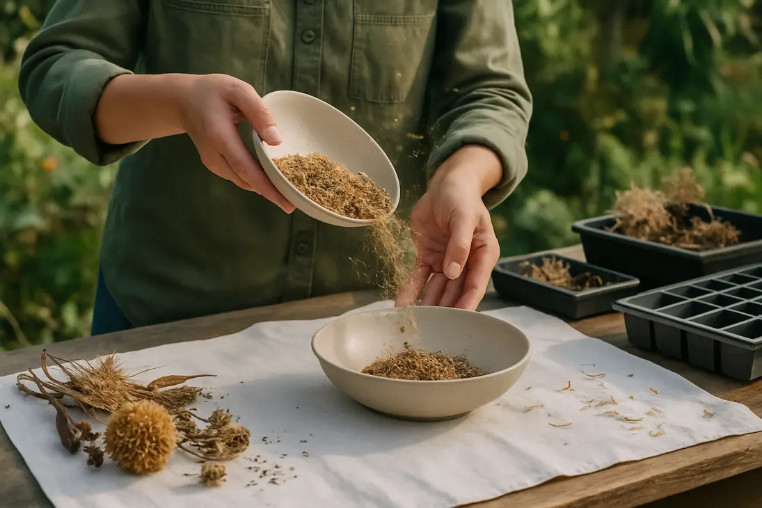A gardener winnowing dry seeds as light chaff blows away and heavier seeds fall into a bowl.