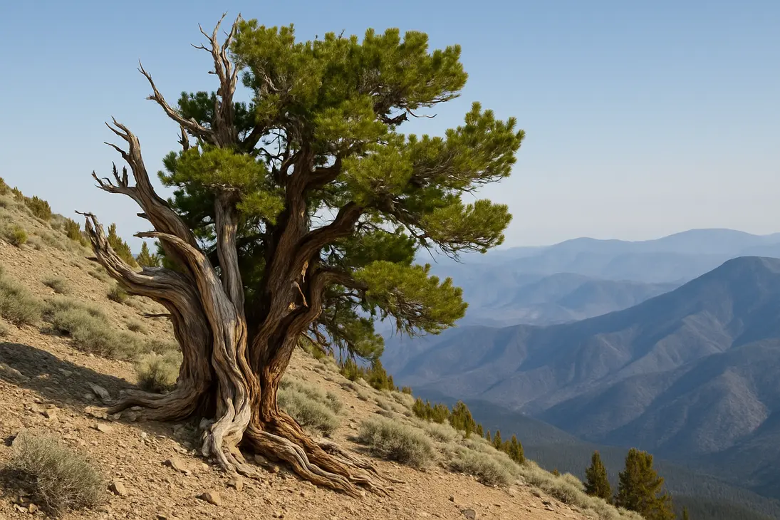 Ancient Great Basin bristlecone pine growing on a rocky high-elevation slope.