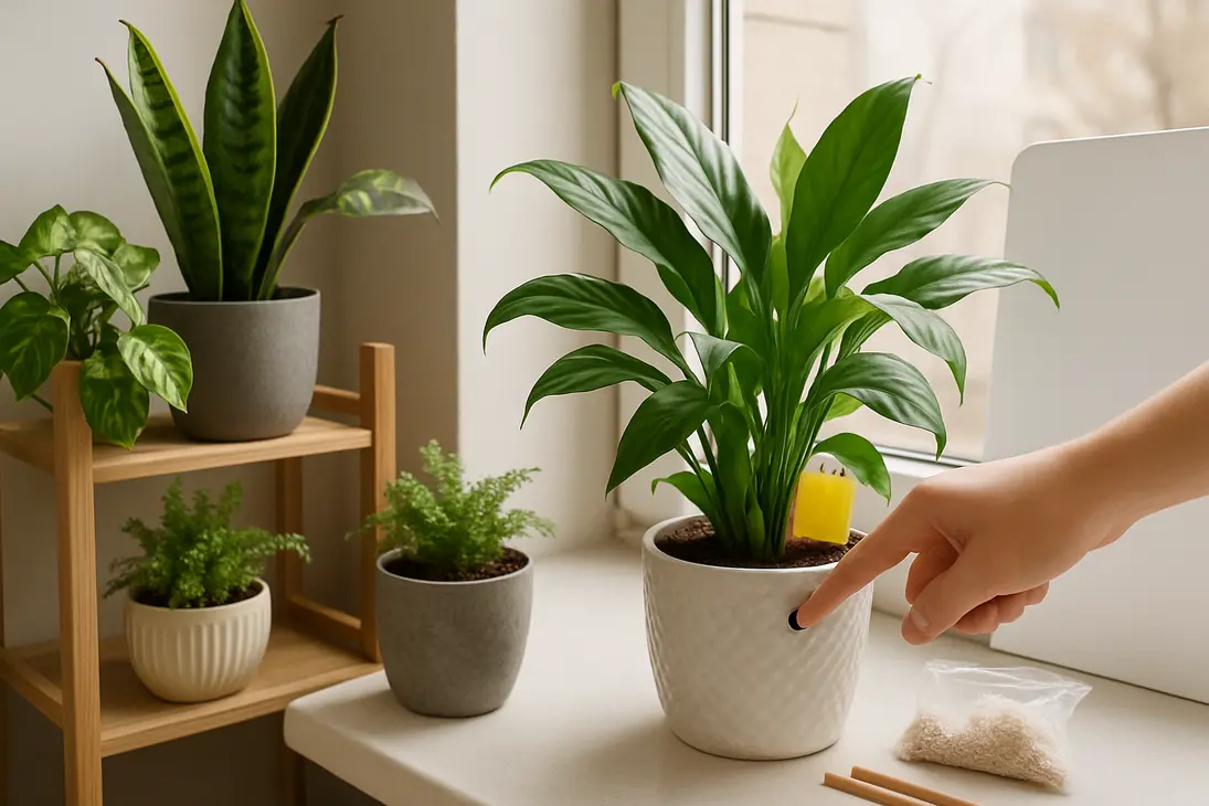 Healthy houseplants near a bright window with simple low-cost care tools for watering, soil, and pest prevention.