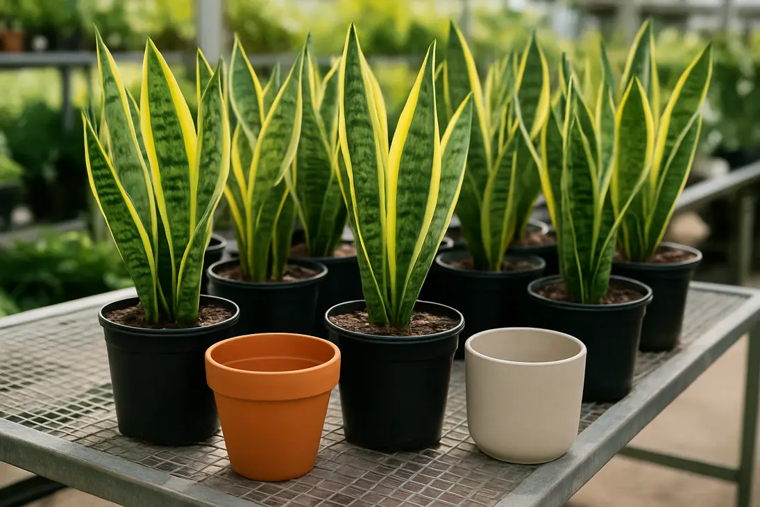 Healthy snake plants in nursery pots beside simple budget-friendly planters.