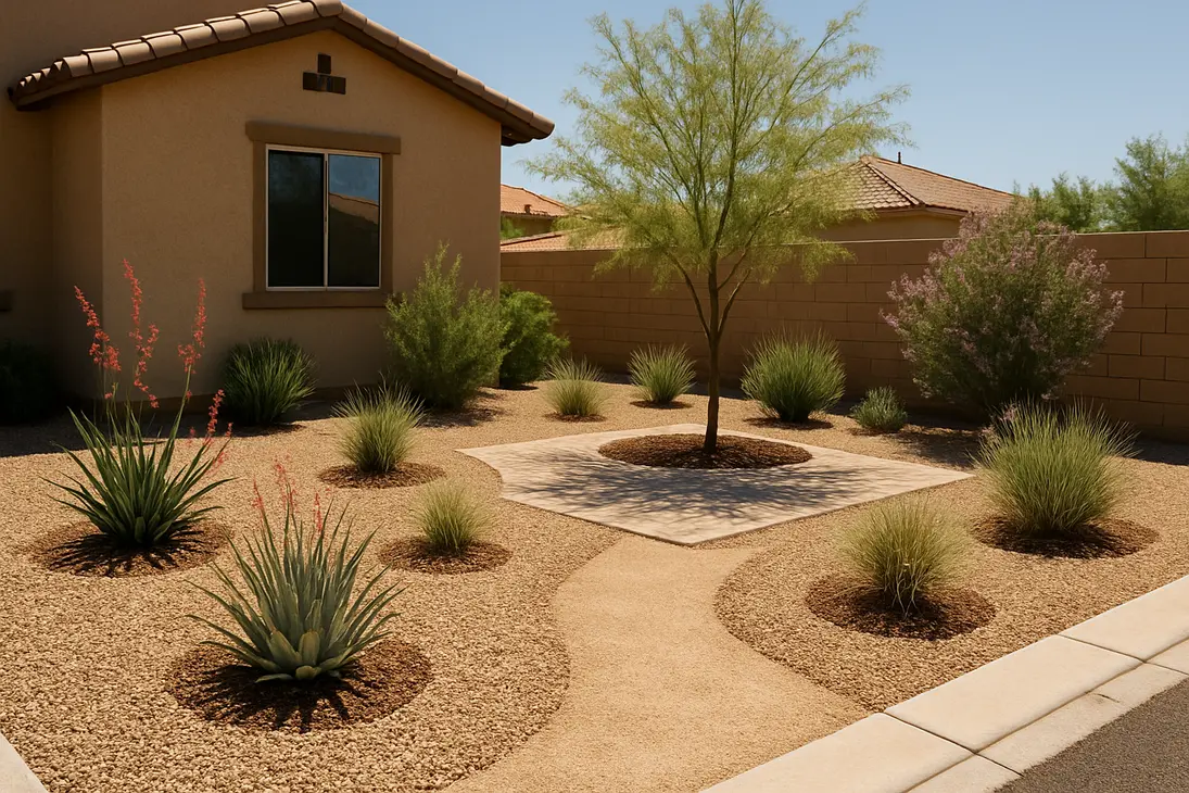 Low-maintenance Las Vegas desert landscape with rock, decomposed granite paths, pavers, and drought-tolerant plants.