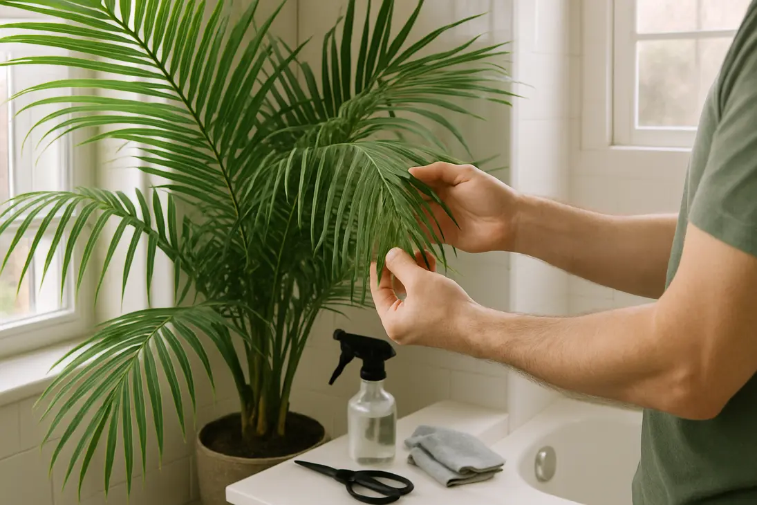 Gardener inspecting a majesty palm frond for spider mites indoors.