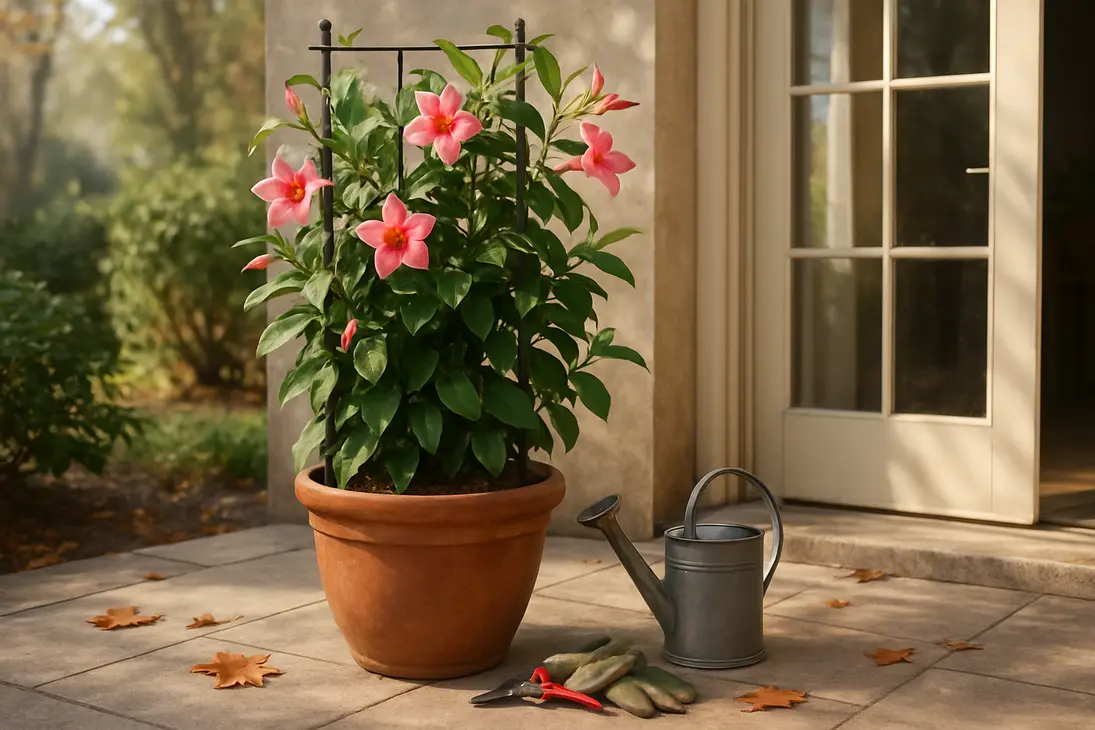 Potted mandevilla vine on a patio being prepared to move indoors for fall protection.