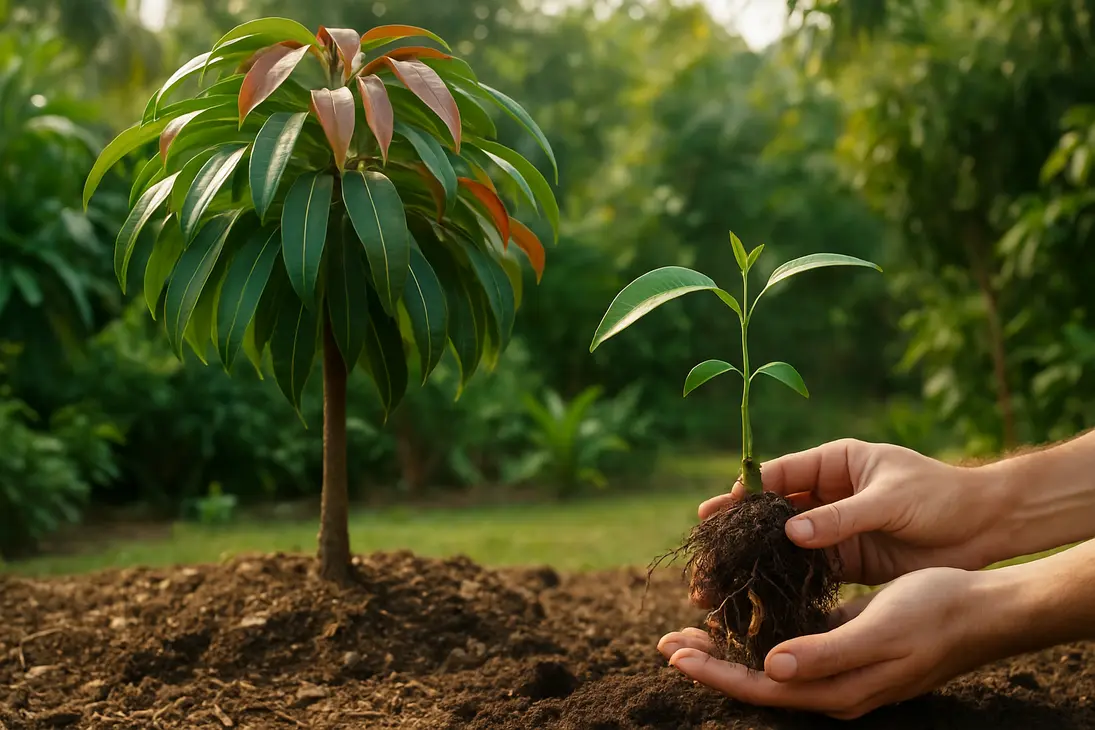 Young mango tree with glossy green leaves, coppery new growth, and a seedling showing its roots.