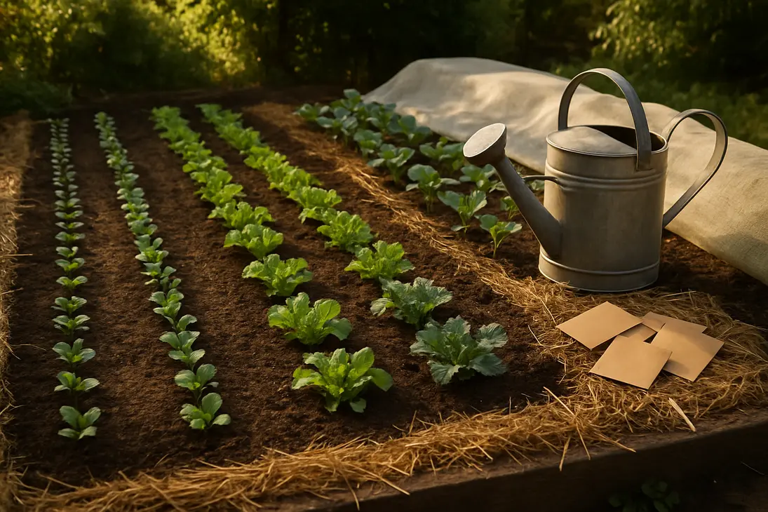 Late-summer garden bed planted with fall greens, radishes, herbs, and brassica transplants.