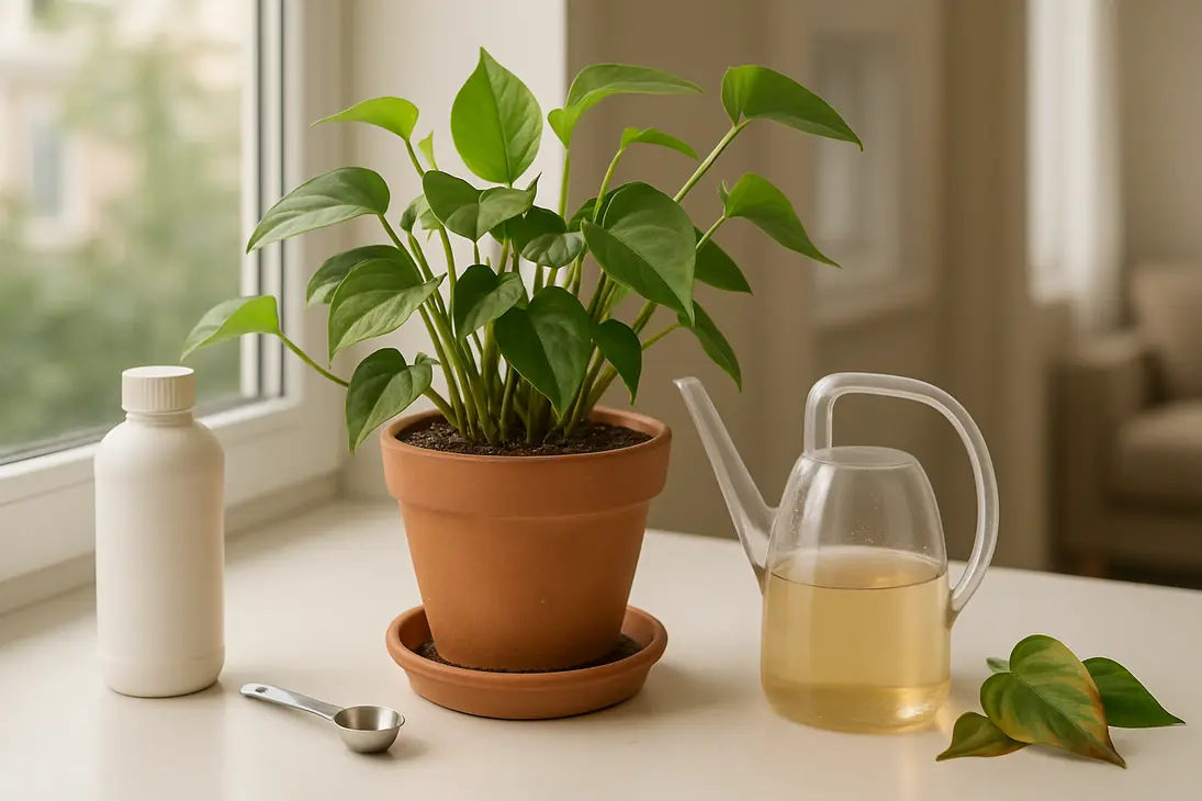 Indoor money plant beside a watering can and fertilizer measuring spoon on a bright windowsill.