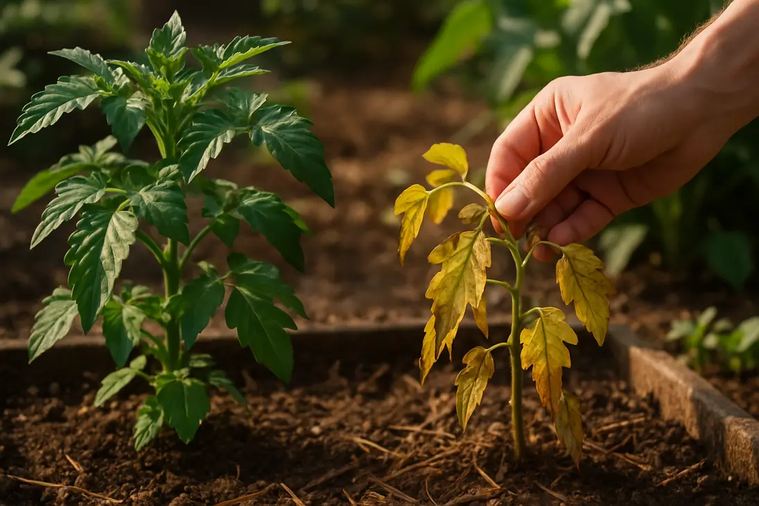 Stressed garden plant with yellowing leaves beside a healthy green plant, showing effects of poor plant energy function.